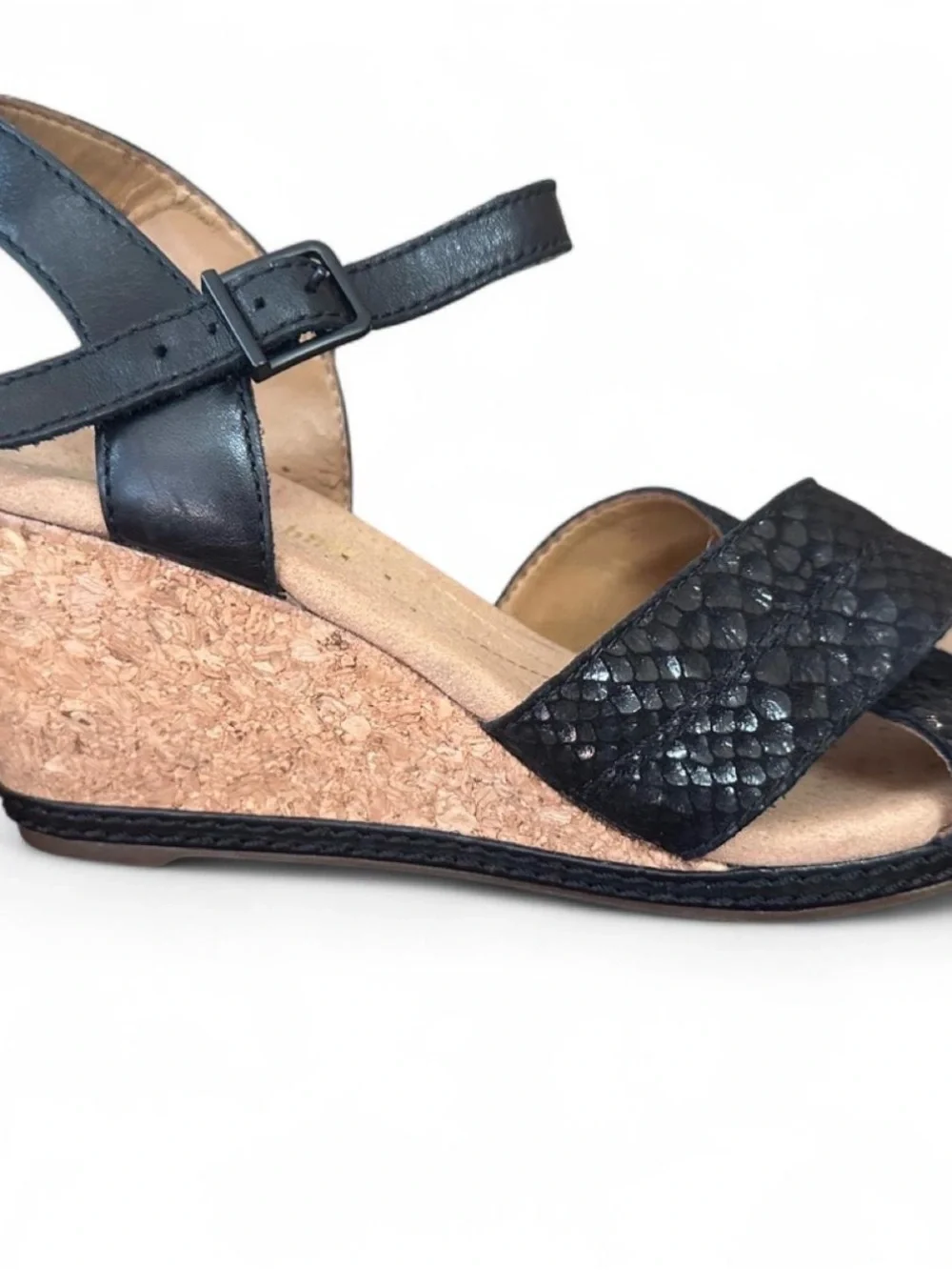 Clarks Black Crisscross Snake-Embossed Leather Sandal - Picture 2 of 7